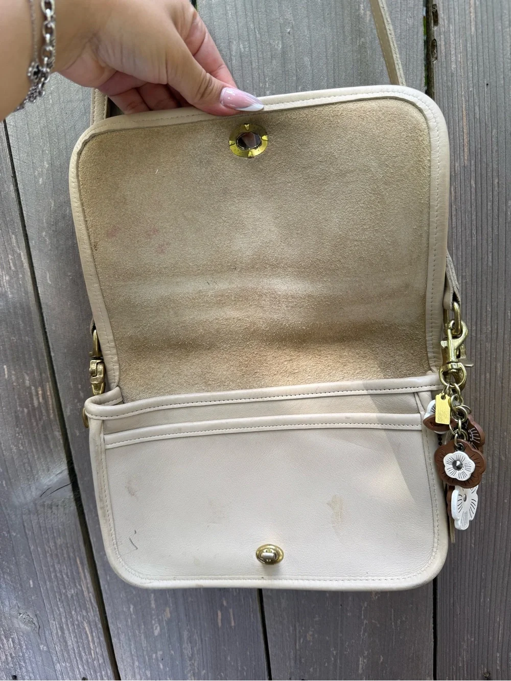 Coach Leather Crossbody Shoulder Bag in Cream with Floral Charm